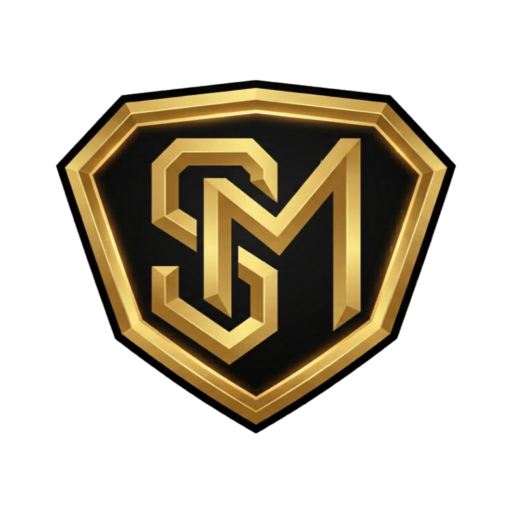 SuperMuneeeb gold shield logo SM monogram personal brand